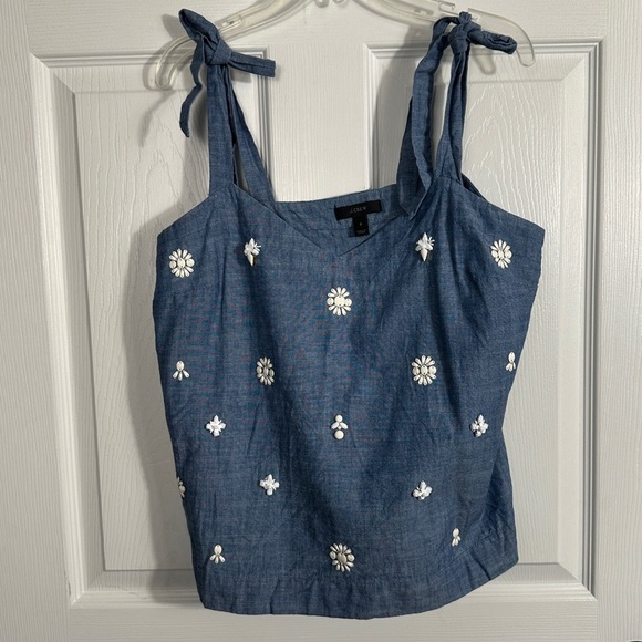 J. Crew sz. 8 chambray embellished tie shoulder tank top, blue/white - Picture 1 of 12